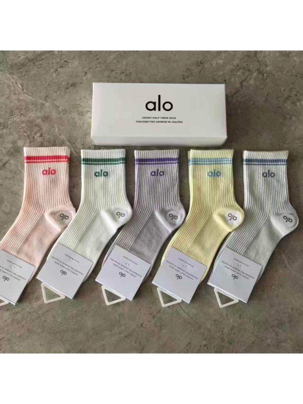 A19- ALO Yoga Women's Pastel Stripe Half-Crew Socks 5-Pair Box Set - NWT
